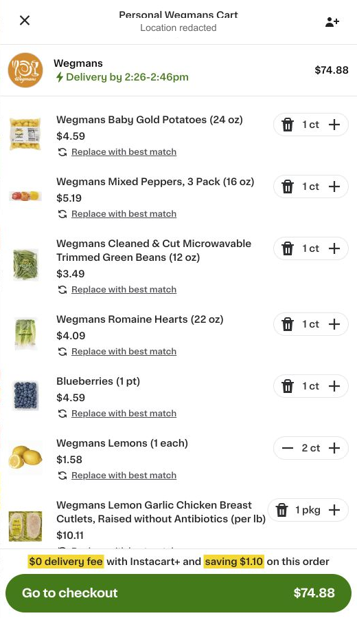 A real redacted Instacart cart prepared by the grocery automation