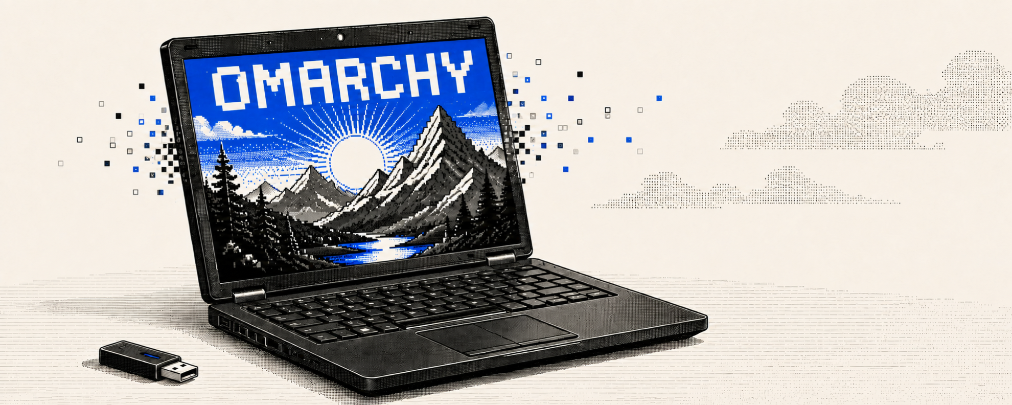 Retro illustration of an old laptop with OMARCHY in white pixel lettering above a blue mountain sunrise, with a USB stick beside it.