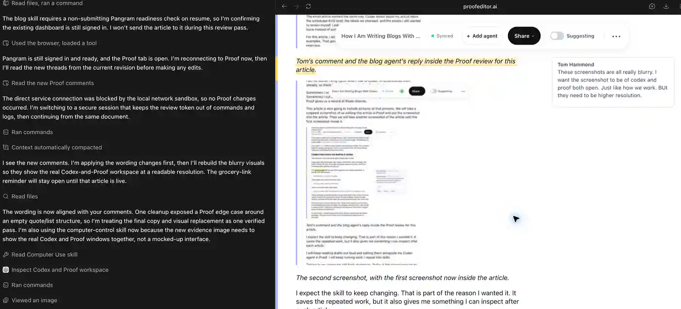 Codex and Proof open side by side while editing this article.