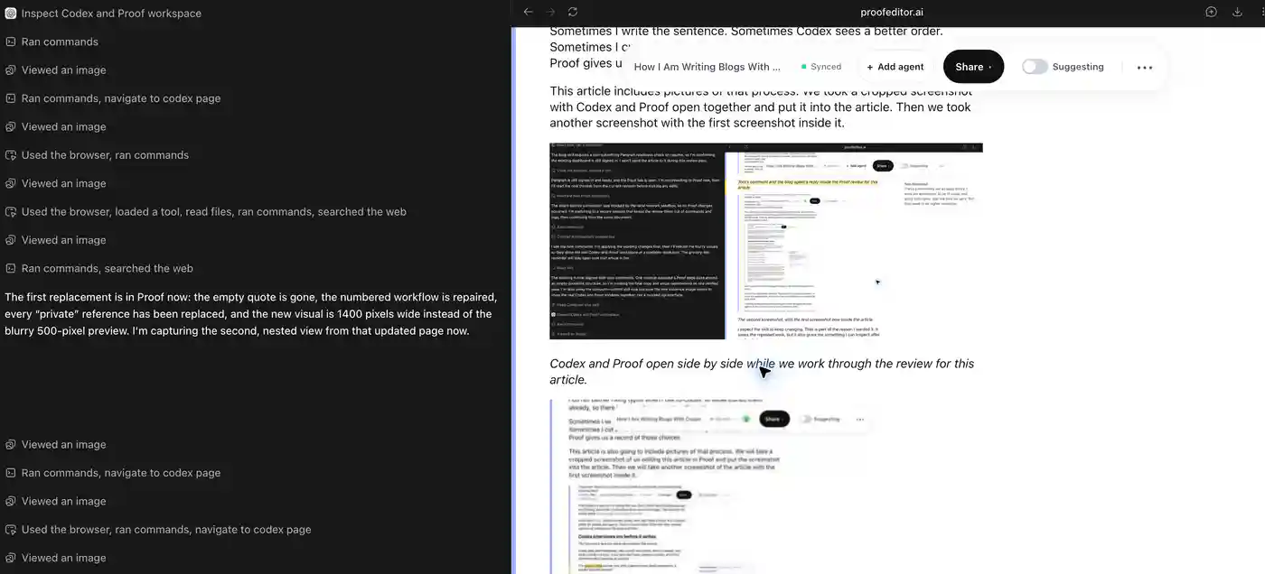 Codex and Proof open side by side, with the first workspace screenshot embedded in the Proof article.